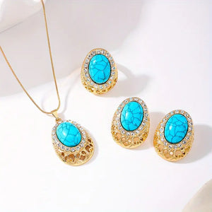 Vintage Bohemian 3-Piece Jewelry Set - Gold-Tone Alloy with Elliptical Turquoise & Rhinestone Heart Pendant Necklace, Earrings, and Ring for Women