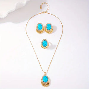 Vintage Bohemian 3-Piece Jewelry Set - Gold-Tone Alloy with Elliptical Turquoise & Rhinestone Heart Pendant Necklace, Earrings, and Ring for Women