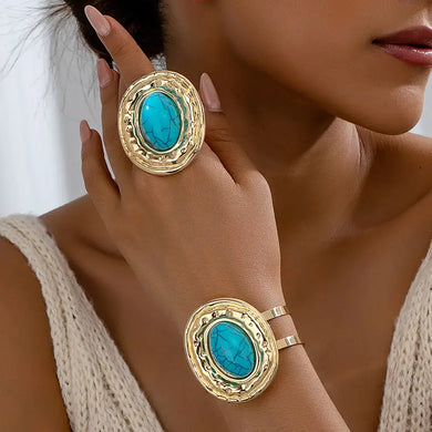 Fashion Vintage-Inspired Blue Turquoise Geometric Bangle & Ring Set for Women, An Imitation from Persian Queens Jewelries.