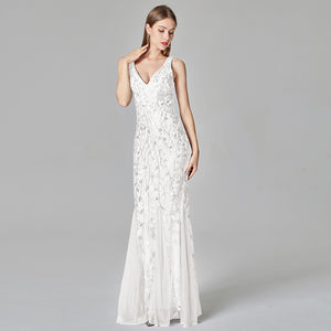 Sexy Long Dress Sleeveless V-neck Embroidered Sequin Slim Mermaid Dress