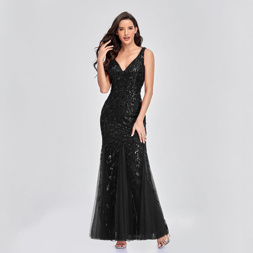 Sexy Long Dress Sleeveless V-neck Embroidered Sequin Slim Mermaid Dress