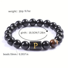 Load image into Gallery viewer, Luxury Glossy Black Glass Letter Beaded Tiger Eye Stone Boho Chic Stainless Steel 14K Gold Plated Adjustable Cuff Bangle for Men and Women