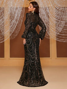 Elegant Sequined Mermaid Dress: High Neck, Long Sleeve, Fitted All-Season Gown for Celebrations & Parties, S