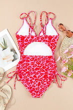 Load image into Gallery viewer, Leopard Cutout Ribbed Side Drawstring One-Piece Swimsuit Strawberry Color Eliot Shops Los Angeles