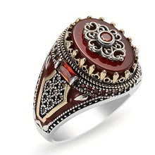 Load image into Gallery viewer, Vintage-Inspired Silvery Crown Men&#39;s Punk Ring - Engraved Eagle Print, Red Synthetic Gemstones