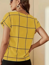 Load image into Gallery viewer, Plaid Pattern Notched Neck Blouse, Casual Short Sleeve Top For Spring &amp; Summer, Women&#39;s Clothing -Size: S