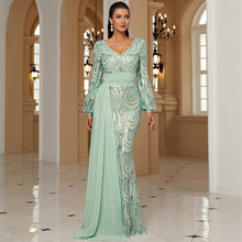 Load image into Gallery viewer, Long Sleeve Sexy Long Sequined V-neck Banquet Ribbon Evening Dress