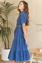 Load image into Gallery viewer, Tiered Button Down Tie Waist Short Sleeve Denim Dress