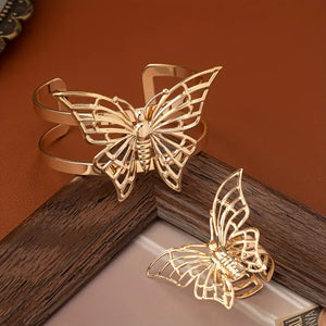 Boho Chic Set: Hollow Butterfly & Geometric Bangle And Ring - Iron Fashion Jewelry For Women