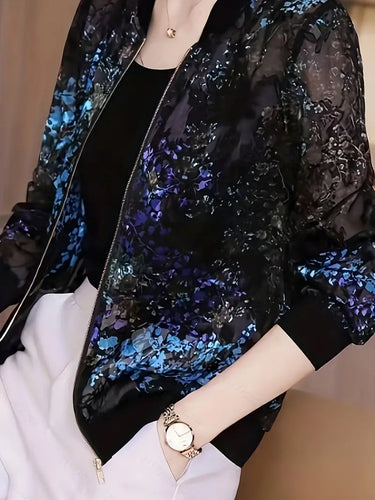 Stylish Floral Print Zipper Jacket - Long Sleeve, Elegant Outwear- Women's Fashion Clothing - M