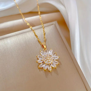 Copper Micro-set Zircon Sun Flower Pendant Necklace - Durable Titanium Steel Chain, Hypoallergenic, Fade-Resistant, and Water-Proof