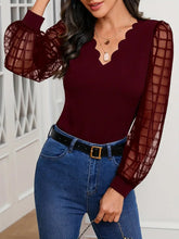 Load image into Gallery viewer, Scallop Trim V Neck Blouse, Casual Long Illusion Sleeve Blouse, Women&#39;s Clothing -Size: L