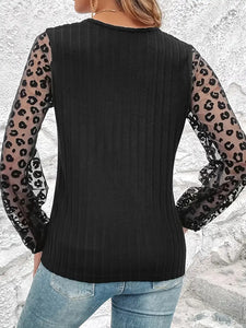 Contrast Lace Leopard Pattern T-Shirt, Casual Lantern Sleeve V Neck Top, Women's Clothing-Size: M