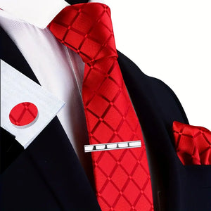 Men's Elegant 4pcs Tie Set With Plaid Design - Includes Classic Fashion Necktie, Pocket Square, Clip, and Cufflinks - Red