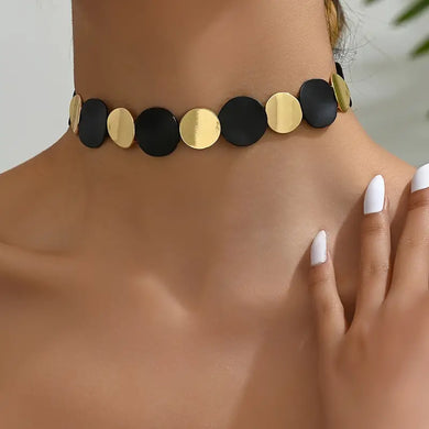 Stunning Vintage-Inspired Black and Golden Geometric Round Choker Necklace - Versatile Daily Wear, Party-Perfect Accessory, Adjustable Clasp