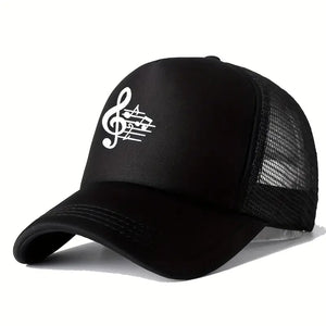 Vibrant Musical Notes Curved Brim Baseball Cap - Breathable Mesh Trucker Hat with Snapback Closure