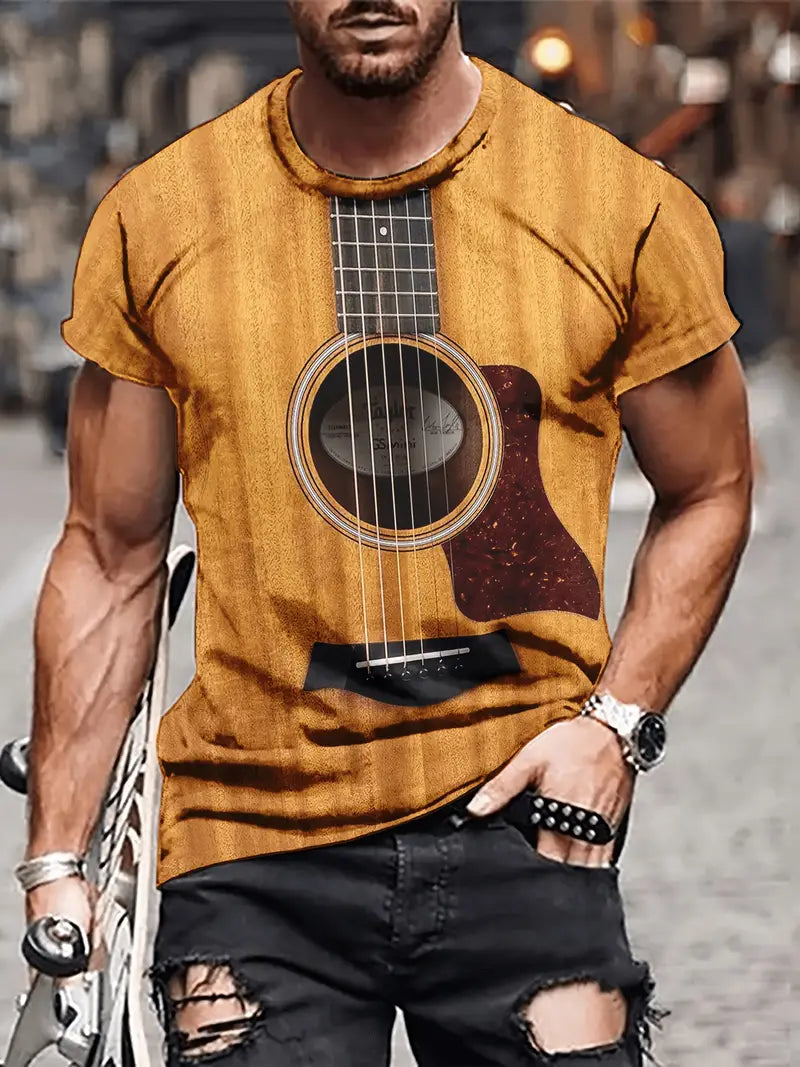 Mens Slight Stretch Guitar Print Crew Neck T-Shirt - Comfortable Casual Short Sleeve Tee for Outdoor Activities - Knit Fabric, Regular Fit, XXL