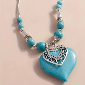 Bohemian Ethnic Style Turquoise Heart Pendant With Multiple Elements Hollow Heart-Shaped Necklace