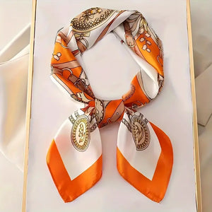 Vibrant Orange Floral Chain Print Silk Square Scarf - Soft, Breathable, Sunscreen, Versatile Accessory for Teens