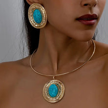 Load image into Gallery viewer, Fashion Vintage-Inspired Blue Turquoise Geometric Oval Pendant Necklace &amp; Earrings Set for Women, An Imitation from Persian Queens Jewelries.