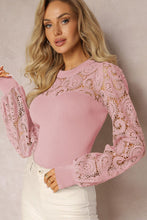 Load image into Gallery viewer, Lace Patchwork Round Neck Long Sleeve Blouse