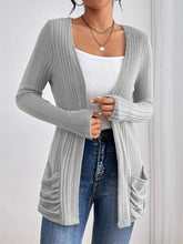 Load image into Gallery viewer, Solid Open Front Rib Knit Cardigan, Casual Long Sleeve Slim Cardigan With Pocket, Women&#39;s Clothing- L