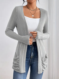 Solid Open Front Rib Knit Cardigan, Casual Long Sleeve Slim Cardigan With Pocket, Women's Clothing- L