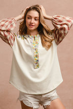 Load image into Gallery viewer, BiBi Floral Notched Plaid Balloon Sleeve Top for Girls and Women