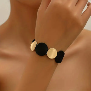 Glamorous Black & Golden Contrast Round Shape Stretch Bracelet Bangle For Women