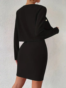 Chic Two-Piece Vintage Slim Dress Set - Long Sleeve Button Front Jacket, Body-Con Spaghetti Strap Dress - M