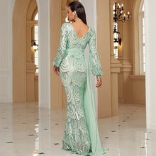 Load image into Gallery viewer, Long Sleeve Sexy Long Sequined V-neck Banquet Ribbon Evening Dress