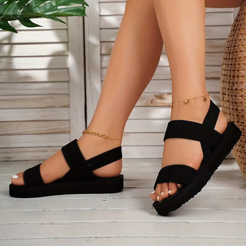 Women's Solid Color Flat Sandals, Casual Open-Toe Summer Shoes, Lightweight Ankle Strap Sandals