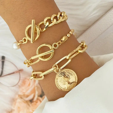 3-Piece Exquisite Coin Pendant Link Chain Bracelet Set - Elegant Hand Chain for Women