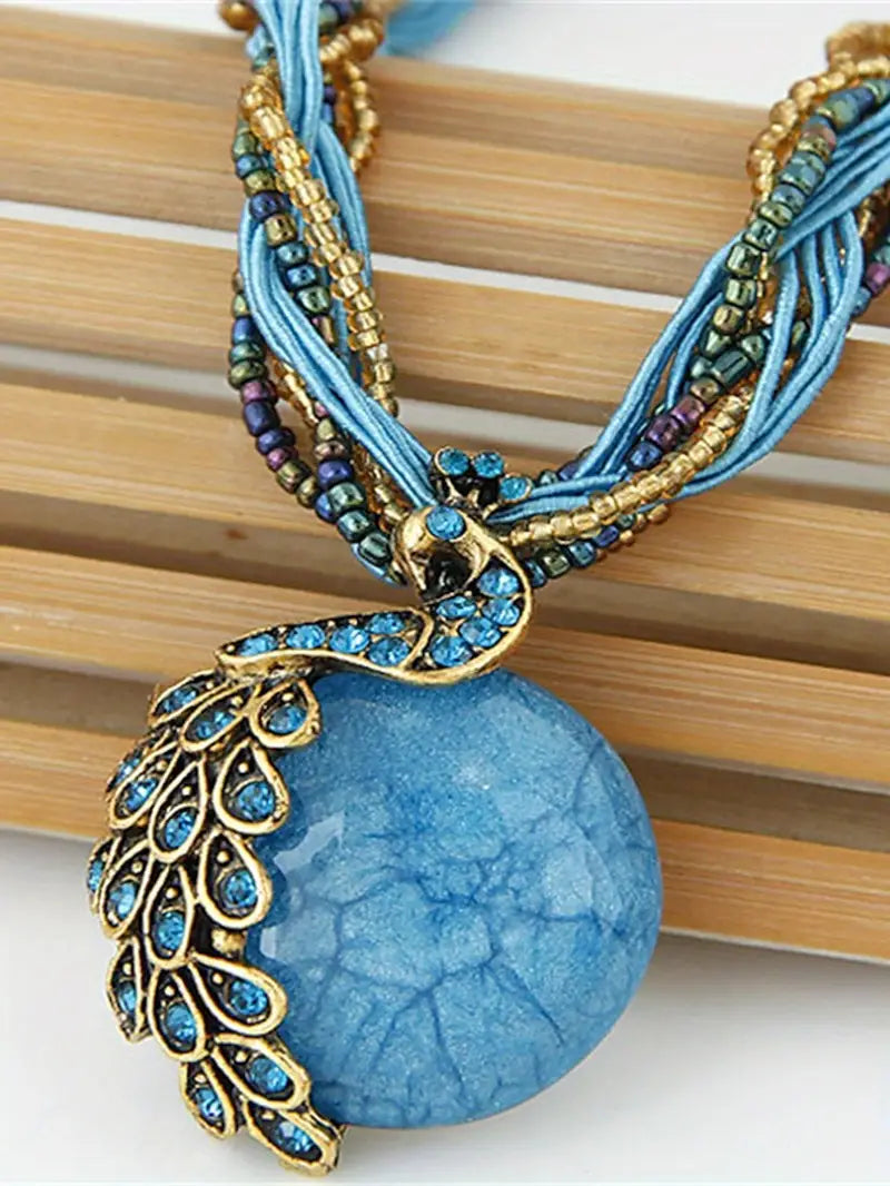 Bohemian Ethnic Style Retro Leaf Peacock Gemstone Pendant Necklace For Women