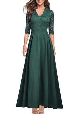 REPHYLLIS Women's V Neck Lace Vintage Formal Bridesmaid Wedding Long Dress