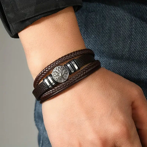 Stylish Magnet Closure Leather Bracelet - Symbolic Life Tree, Braided with Premium Pu Leather