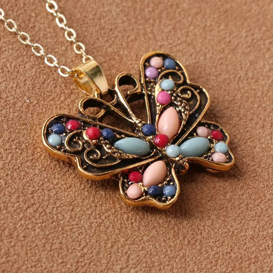 Vintage-Inspired Multicolored Butterfly Pendant Necklace In Antique Finish