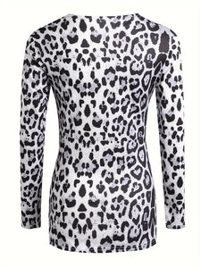 Leopard Print Twist Tunic - Flattering V Neck, Slimming Long Sleeves - Womens Fashion Casual Top with Figure-Embracing Twist Detail- 2 Sizes