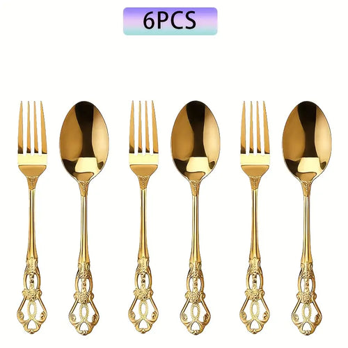 Elegant Vintage Golden Royal Tableware Set: Pack of 6 Dessert Forks & Spoons, Intricate Handle Design