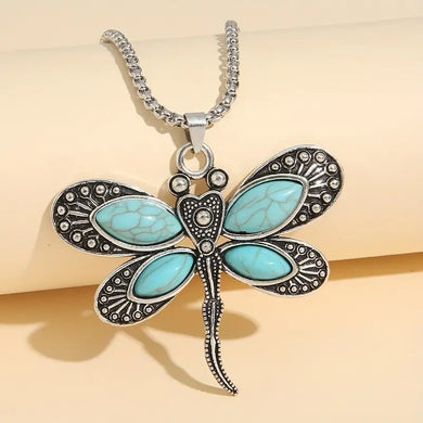 Creative Vintage Dragonfly Turquoise Pendant Necklace Silver Plated Jewelry Gift for Women