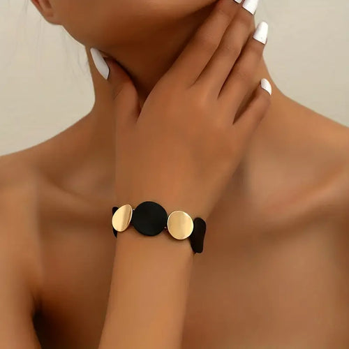 Glamorous Black & Golden Contrast Round Shape Stretch Bracelet Bangle For Women