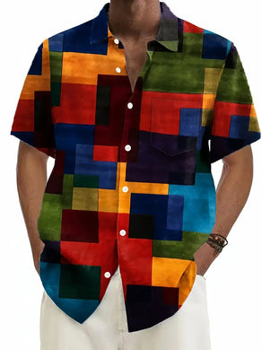 Retro Geometric Masterpiece - Fashionable Short-Sleeve Lapel Shirt with Colorful Contrast - Ultra-Trendy Style - XL