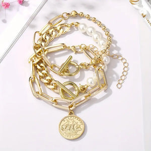 3-Piece Exquisite Coin Pendant Link Chain Bracelet Set - Elegant Hand Chain for Women