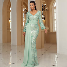 Load image into Gallery viewer, Long Sleeve Sexy Long Sequined V-neck Banquet Ribbon Evening Dress