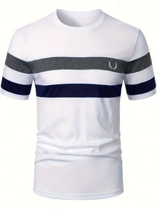 Men's Crew Neck Short Sleeve Stripe Pattern T-Shirt - Soft Slight Stretch Polyester Fabric, Casual Chic Top- L