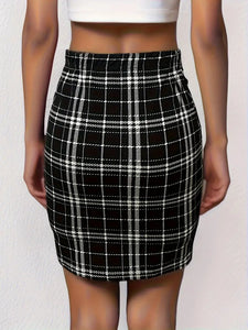 Plaid Pattern High Waist Skirt, Elegant Body-con Mini Skirt, Women's Clothing