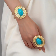 Load image into Gallery viewer, Fashion Vintage-Inspired Blue Turquoise Geometric Bangle &amp; Ring Set for Women, An Imitation from Persian Queens Jewelries.