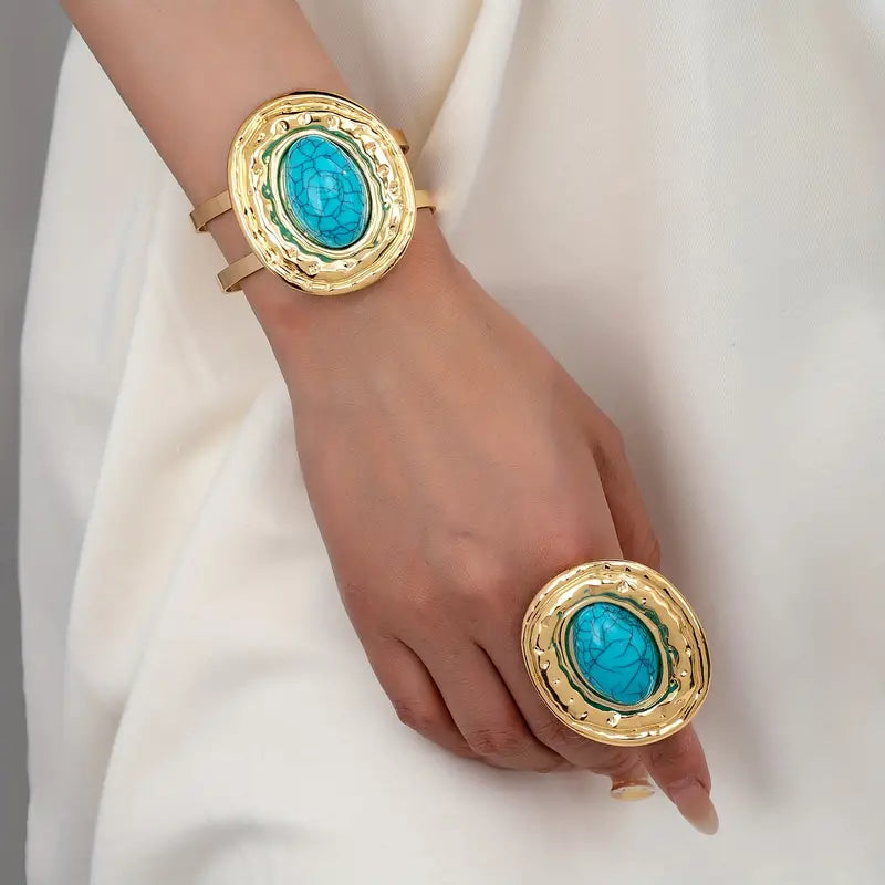 Fashion Vintage-Inspired Blue Turquoise Geometric Bangle & Ring Set for Women, An Imitation from Persian Queens Jewelries.