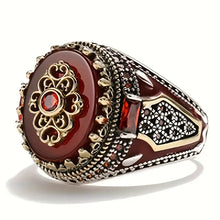 Load image into Gallery viewer, Vintage-Inspired Silvery Crown Men&#39;s Punk Ring - Engraved Eagle Print, Red Synthetic Gemstones