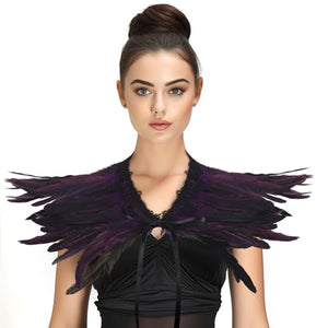 Gothic Black Feather Shawl Victorian Costume Shrug Halloween Cosplay Feather Wrap Lace Neck